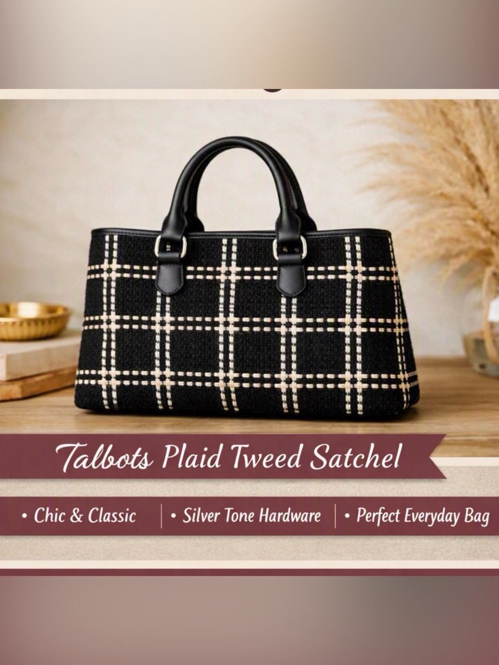 Talbots Black and Cream Plaid Tweed Satchel